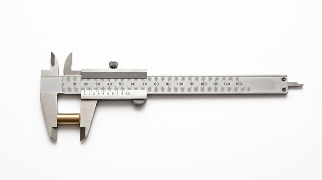 Stainless steel Vernier caliper tool, precision measurement physics concept on white background
