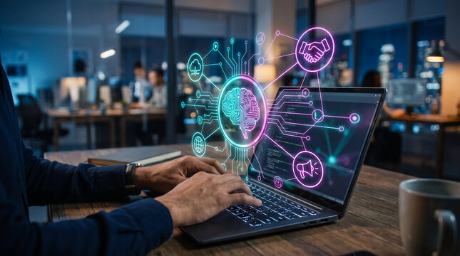 Abstract digital network overlay on a laptop screen showcasing a brain, handshake, and cloud icons, symbolizing AI and business connectivity