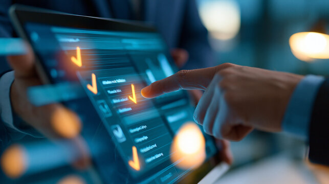 cropped view of a businessman's hand interacting with an artificial intelligence model validation checklist dashboard on a bright screen, clean modern office background,