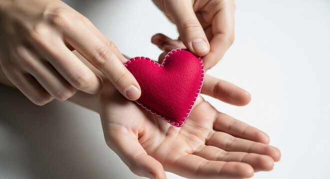 Hands holding a red felt heart symbol of love
