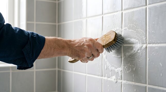Close Up of Man Hand Scrubbing Bathroom Wall Tile Grout with Brush and Soap Foam for Deep Cleaning