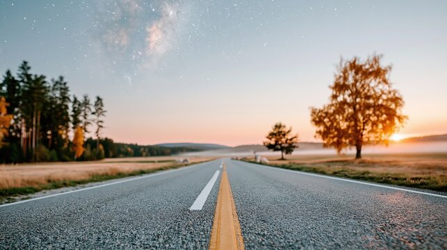A serene road stretches into the distance beneath a twilight sky filled with stars, capturing a sense of adventure and tranquility in a picturesque landscape scene.