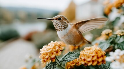 Fototapeta premium A stunning capture of a hummingbird hovering gracefully over vibrant flowers, showcasing nature's beauty and the delicate balance of life in an enchanting garden setting.