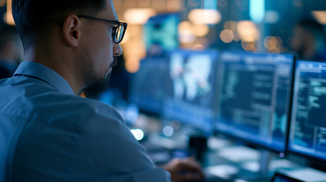 over-the-shoulder view of a security analyst implementing a risk management system on a bright office screen, clean organized workstation, cybersecurity protection concept,