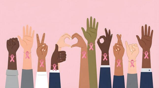 Diverse group of people raising hands with a breast cancer awareness month pink ribbon symbol to show support for survivors and promote health education awareness