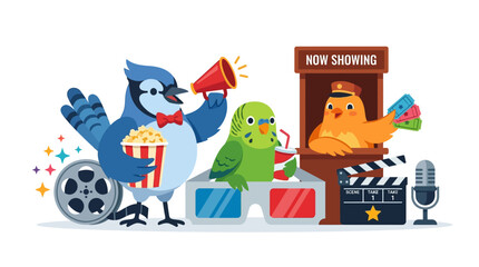Fototapeta premium Birds at the Cinema: Movie Night Fun, Popcorn & Tickets