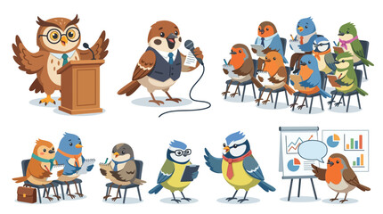 Fototapeta premium Birds in business meeting, teaching, training, presentation, illustration