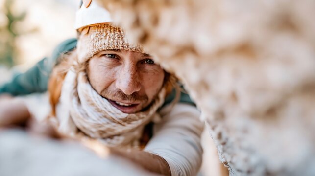 A devoted climber focused on scaling a rocky cliff, showcasing determination and passion for adventure against a stunning natural landscape of rugged textures and colors.