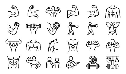 Obraz premium Complete Bodybuilding Strength Muscle and Fitness Outline Vector Icon Set