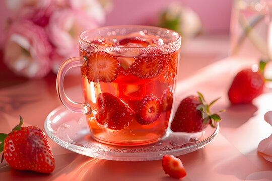 Vibrant freshly brewed red strawberry tea infusion featuring sliced organic fruit inside clear glass cup on saucer during bright sunny morning breakfast with pink flowers lifestyle aesthetic