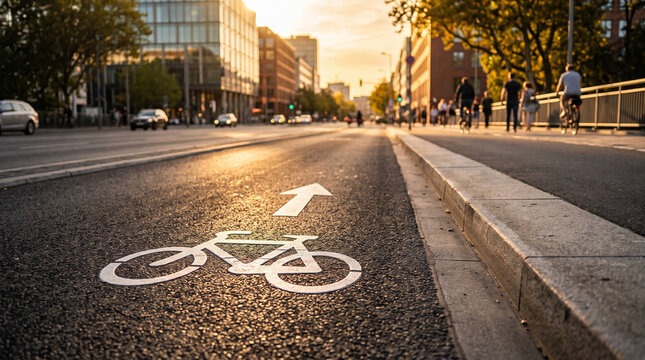 Close-up of a bike lane marking on asphalt with city buildings and people cycling in the background during sunset, symbolizing urban mobility and sustainable transport.