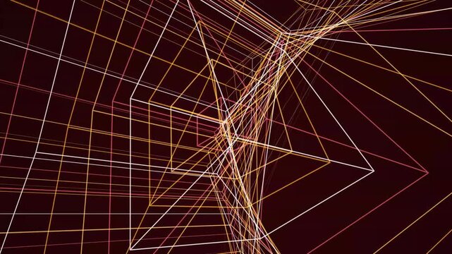 Glowing geometric light lines forming complex cube structures inside a dark infinite tunnel of energy