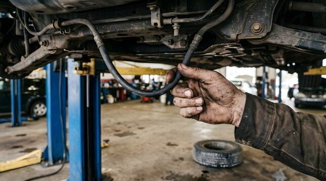 Close-up of mechanic's dirty hands inspecting vehicle hose under chassis in auto repair shop