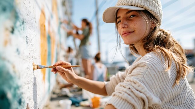 A cheerful woman paints a vibrant mural outdoors, embodying creativity and community spirit as she contributes her artistic skills to beautify the urban environment.