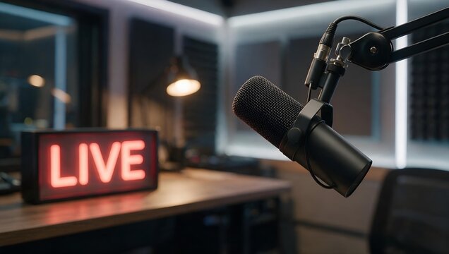 Professional Podcast Studio Setup Featuring a High Quality Microphone and Live Broadcast Sign