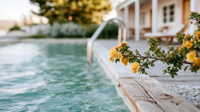 A serene poolside setting showcasing vibrant yellow flowers, emphasizing relaxation and nature&rsquo;s beauty, ideal for a peaceful retreat ambiance.