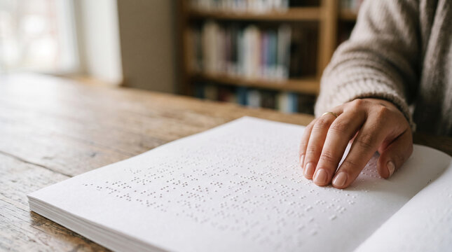 Hand touching Braille text on a book, symbolizing inclusive education and accessibility, suitable for awareness campaigns and learning resources