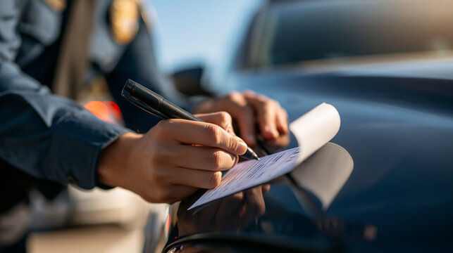 cropped view of a police officer's hand writing a fine ticket beside a car on a bright sunny road, clean asphalt highway, clear sky, registration check concept, speeding violation