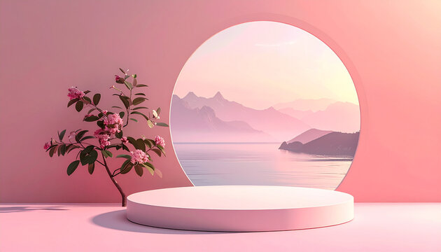 Pink product display stage with flowers and landscape