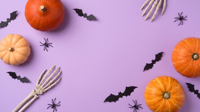 Halloween decorations with pumpkins bats and a skeleton hand on a lilac background