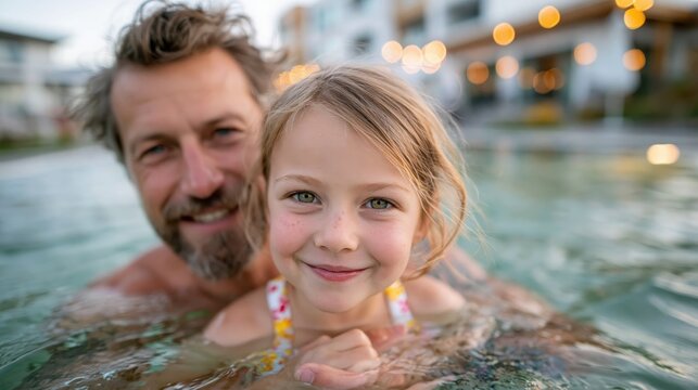 A joyful father and daughter duo enjoying a refreshing swim together in a pool, capturing a moment of love, laughter, and cherished family memories.
