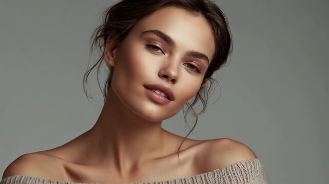 Portrait of Young Woman with Bare Shoulder, Calm Face, Soft Skin, Closed Eyes and Knitted Garment