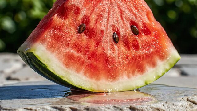 Close-up shot of juicy red watermelon slice dripping with refreshing summer sweetness on stone