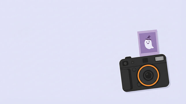 Black instant camera with purple ghost photo for Halloween celebration