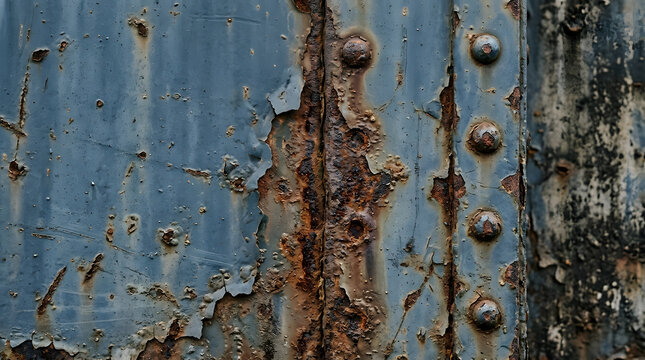 Weathered blue metal panel with rust and rivets | Industrial rusty iron texture background | Peeling paint on corroded metal surface | Aged steel plate with heavy oxidation