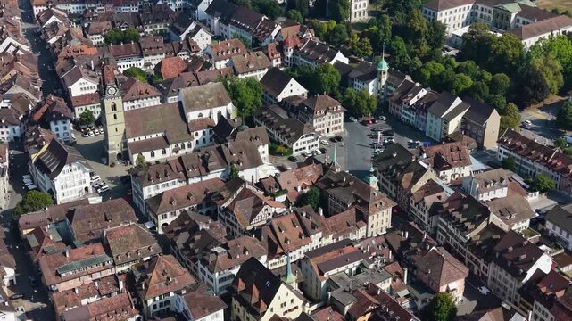 A panoramic aerial view beside the old town of the city Zofingen in Switzerland on a sunny summer noon.