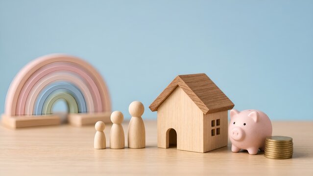 Family Financial Planning Concept with Wooden Figures and a Toy House on a Table