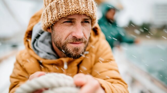 A focused man with a knitted hat grips a rope while steering a boat, braving chilly weather, reflecting determination and connection with nature during a windy day on the water.