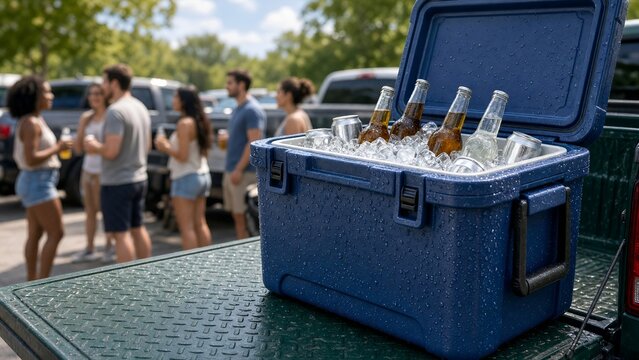 Blue Cooler Filled with Icy Refreshing Drinks at an Outdoor Tailgate Party Event