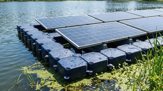 Floating solar panels on lake water. Renewable energy photovoltaic system on pontoon. Sustainable power generation technology.