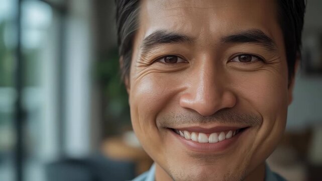 Smiling Asian Man Portrait, Warm Expression, Natural Detail, Soft Indoor Background, Modern Home