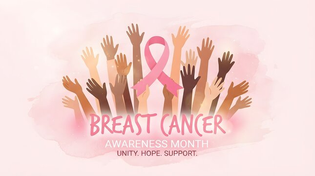 Diverse group of people raising hands together in support of the breast cancer awareness month pink ribbon campaign to promote health education and medical research
