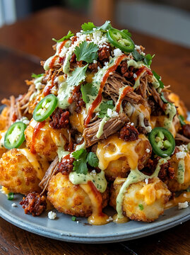 Loaded tater tot nachos with beef and spicy sauce