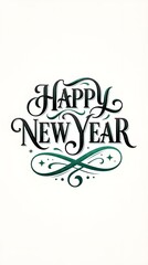 Obraz premium Elegant Dark Green and Black Happy New Year Typography with Ornamental Swirls on Clean White Background