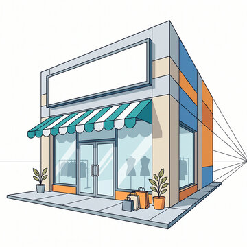 Three Quarter Retail Shop Vector Illustration, Contemporary Storefront Architecture with Blank Advertising Sign, Glass Display Windows, Awning and Double Doors.