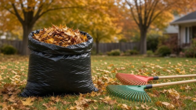 Black Garbage Bag Filled with Fallen Autumn Leaves Beside Garden Rakes on Grass