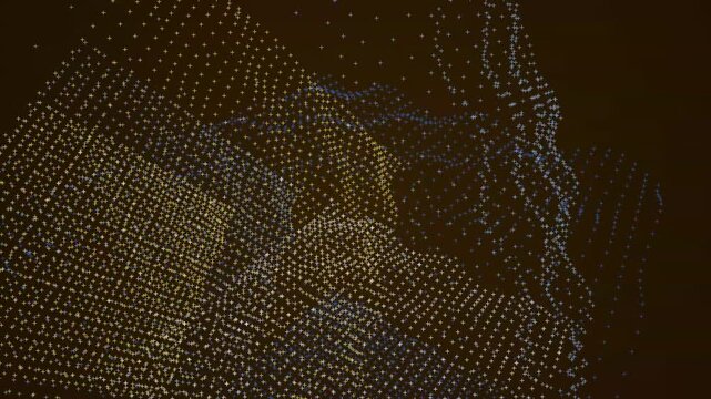 Glowing golden and blue geometric plus signs forming dynamic flowing waves across a dark space environment