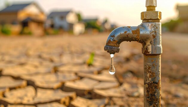 A lone water drop drips from a rusty faucet, highlighting severe drought and global water scarcity amidst a landscape of cracked earth