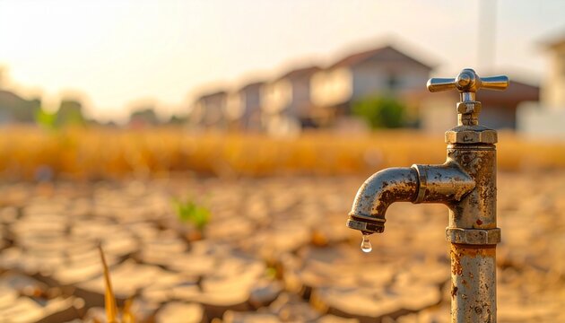 Rusty Water Tap Dripping a Single Drop over Cracked Dry Earth During Severe Drought and Water Shortage
