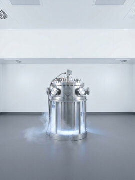 Cryostat Chamber Releasing Vapor in a Quantum Research Lab