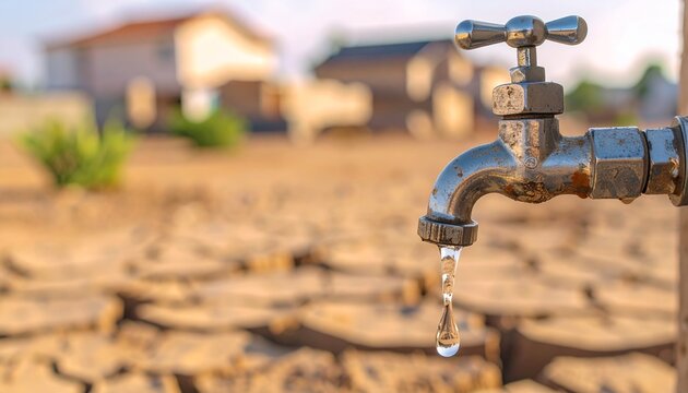 A rusty water tap dripping a single drop of water over parched and cracked earth during a severe drought crisis