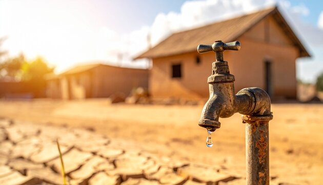 Rusty Water Tap Dripping a Single Drop on Cracked Dry Soil during Severe Drought
