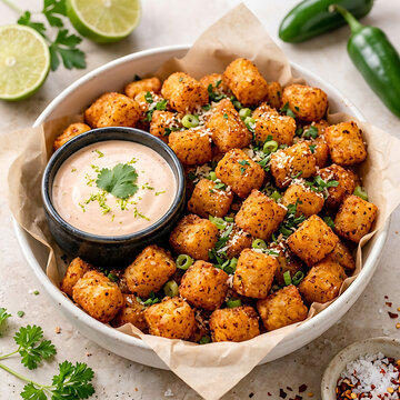 Crispy fried tater tots with dipping sauce in a bowl