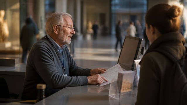 An older man working a flexible shift at a museum information desk with all signage blurred, overhead editorial composition, for technology