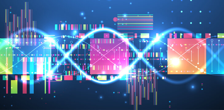 Futuristic digital DNA background with neon molecule structure. Vector