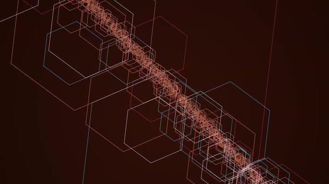 Glowing hexagonal patterns form a moving geometric grid across a dark red scientific network space
